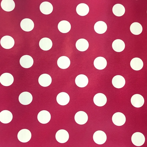 Tablecloth Vinyl  - Polka Dot White on Cerise 17mm